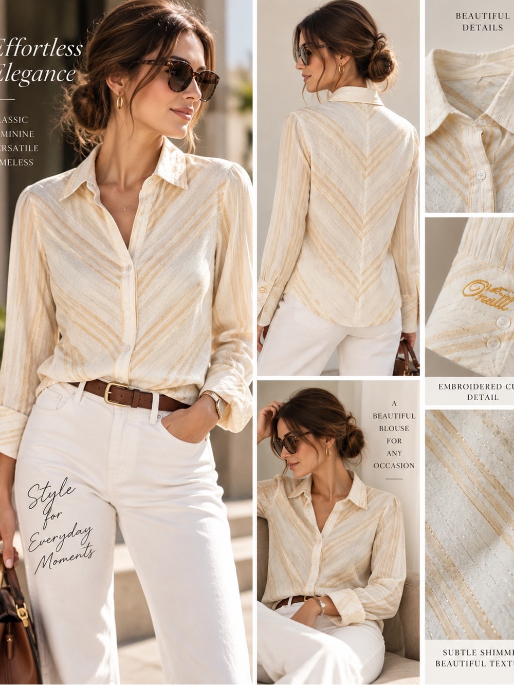 Cream Gold Metallic Stripe Embroidered Button Down Shirt S